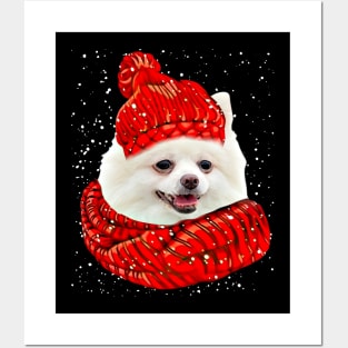 White Pomeranian Wearing Red Hat And Scarf Christmas Posters and Art